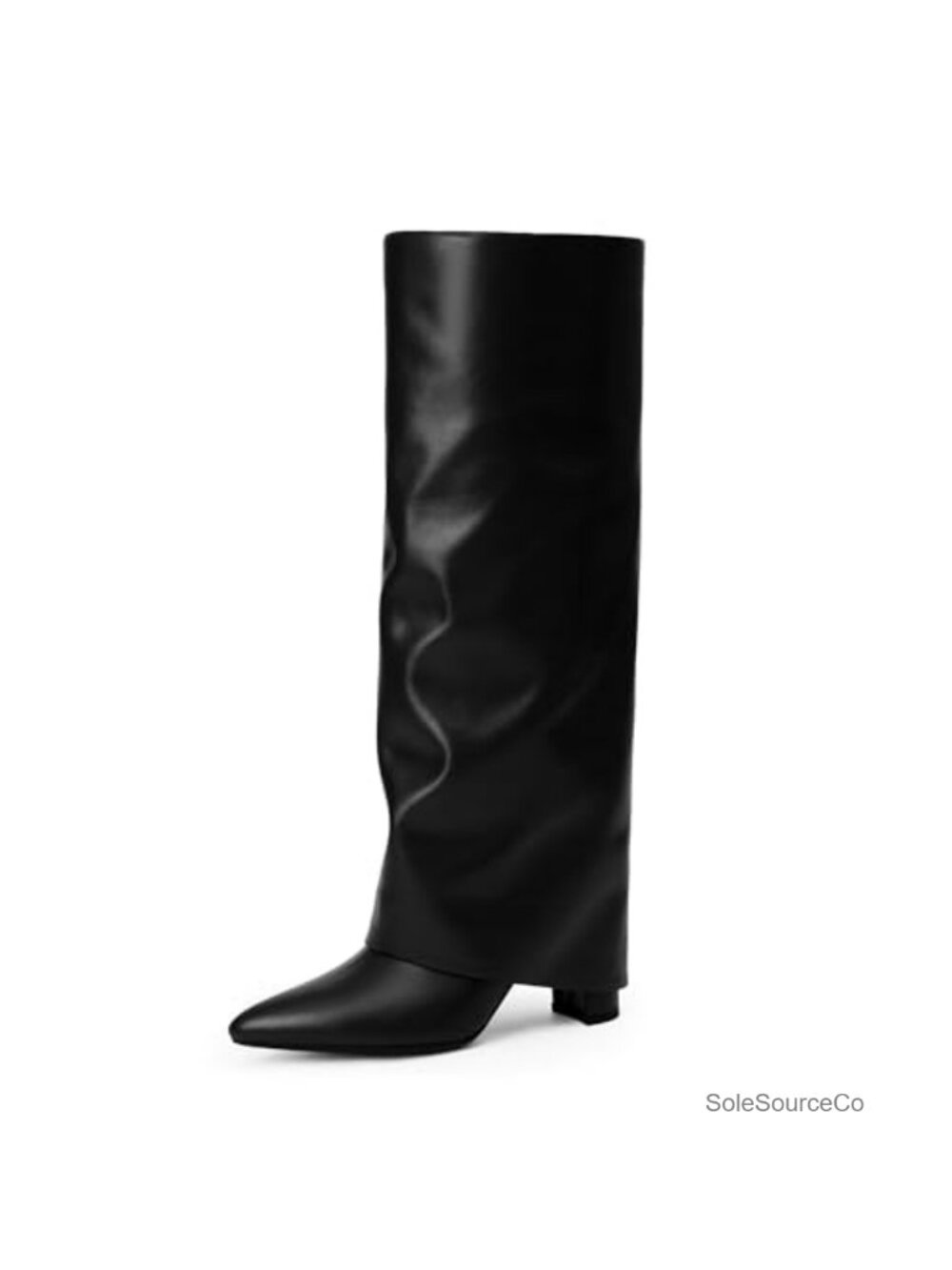 Knee High Boots Fold Over Chunky Heel Pointed Toe Tall Boots Faux Leather